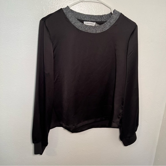 Calvin Klein Metallic Trim Long Sleeve Satin Blouse Black - Picture 4 of 15